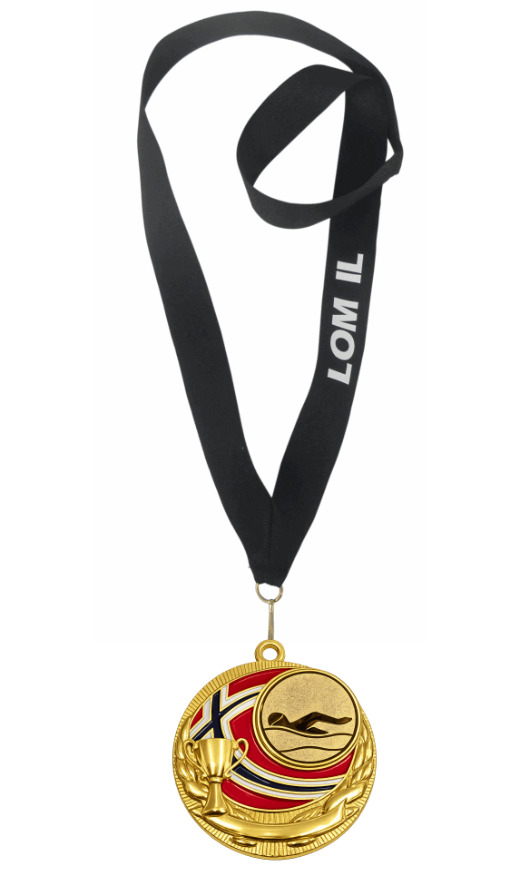 Rødstrupe medalje med tekst på bånd 50 mm.