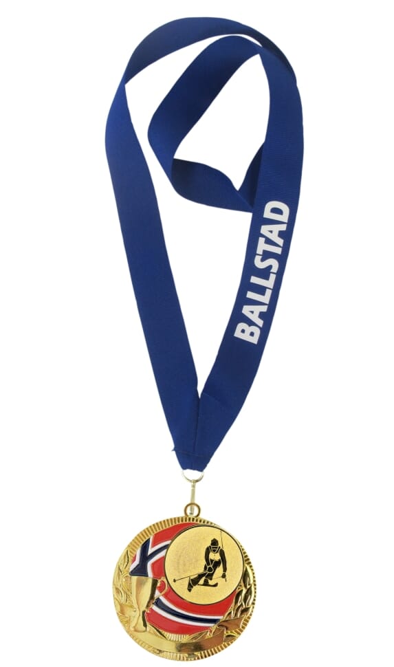 Rødstrupen medalje med tekst på bånd og alpinmotiv