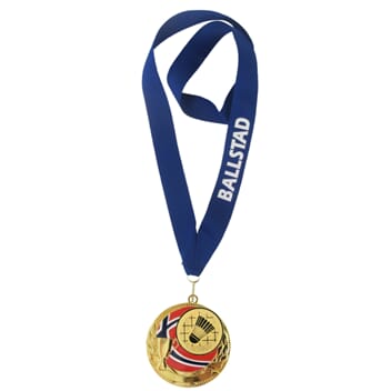 Rødstrupen medalje med tekst på bånd og badmintonmotiv