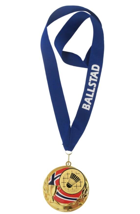Rødstrupen medalje med tekst på bånd og badmintonmotiv