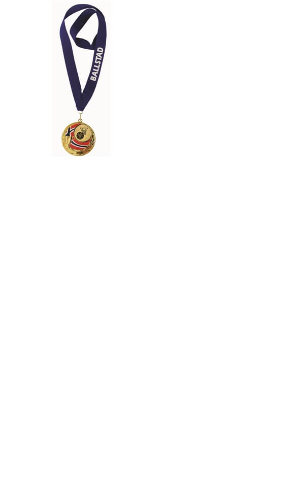 Rødstrupen medalje med basketmotiv og tekst på bånd