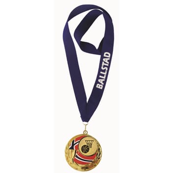 Rødstrupen medalje med basketmotiv og tekst på bånd