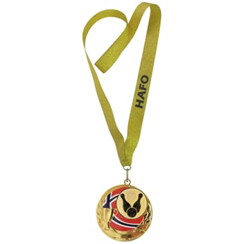 Rødstrupen medalje med tekst på bånd og bowlingmotiv