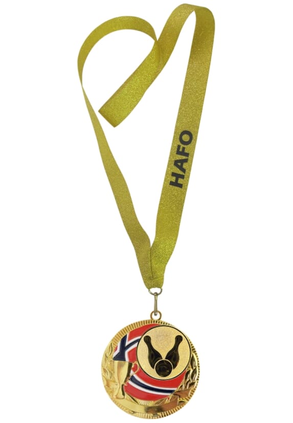 Rødstrupen medalje med tekst på bånd og bowlingmotiv