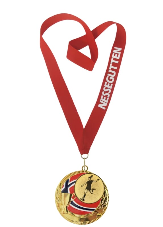 Rødstrupen medalje med tekst på bånd og fotballmotiv dame