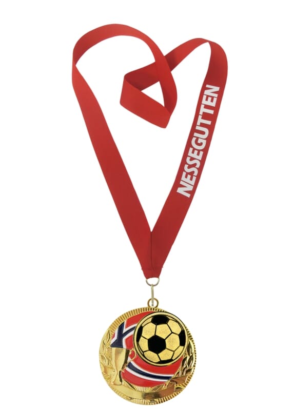 Rødstrupen medalje med tekst på bånd og fotballmotiv