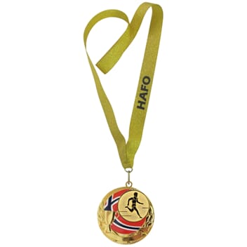 Rødstrupen medalje med tekst på bånd og friidrett