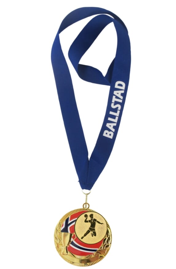Rødstrupen medalje med tekst på bånd og handballmotiv