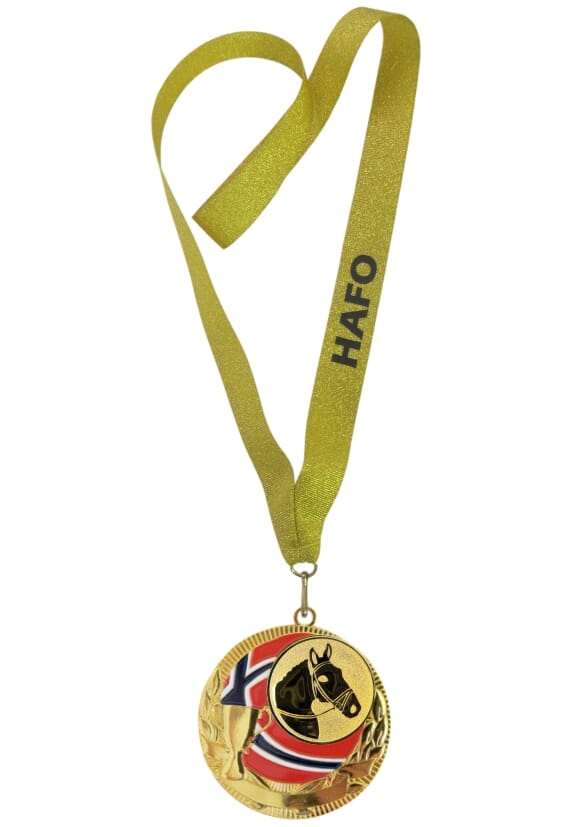 Rødstrupen medalje med tekst på bånd og hestemotiv