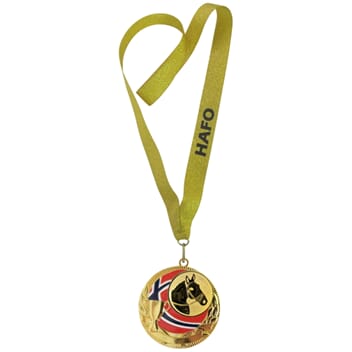Rødstrupen medalje med tekst på bånd og hestemotiv