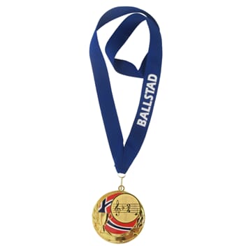 Rødstrupen medalje med tekst på bånd og musikkmotiv