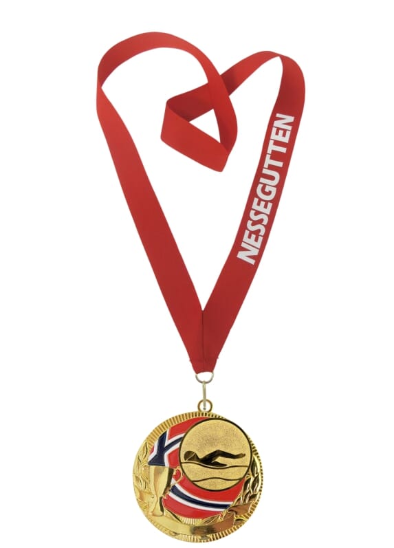 Rødstrupen medalje med tekst på bånd og svømmemotiv