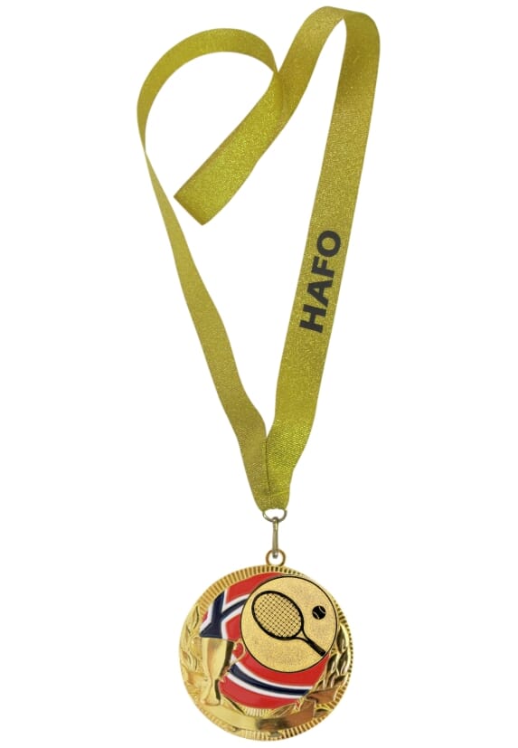 Rødstrupen medalje med tekst på bånd og tennismotiv