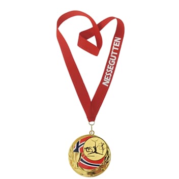 Rødstrupen medalje med tekst på bånd og turnmotiv