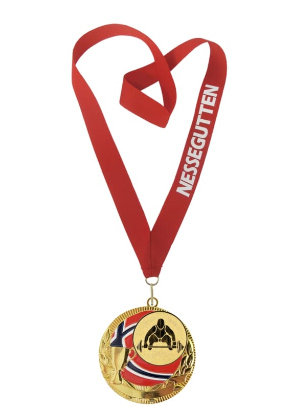 Rødstrupen medalje med tekst på bånd og vektløftermotiv