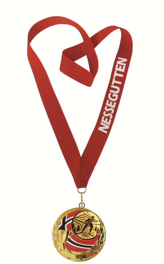 Rødstrupe medalje med tekst på bånd