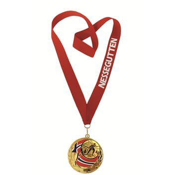 Rødstrupe medalje med tekst på bånd